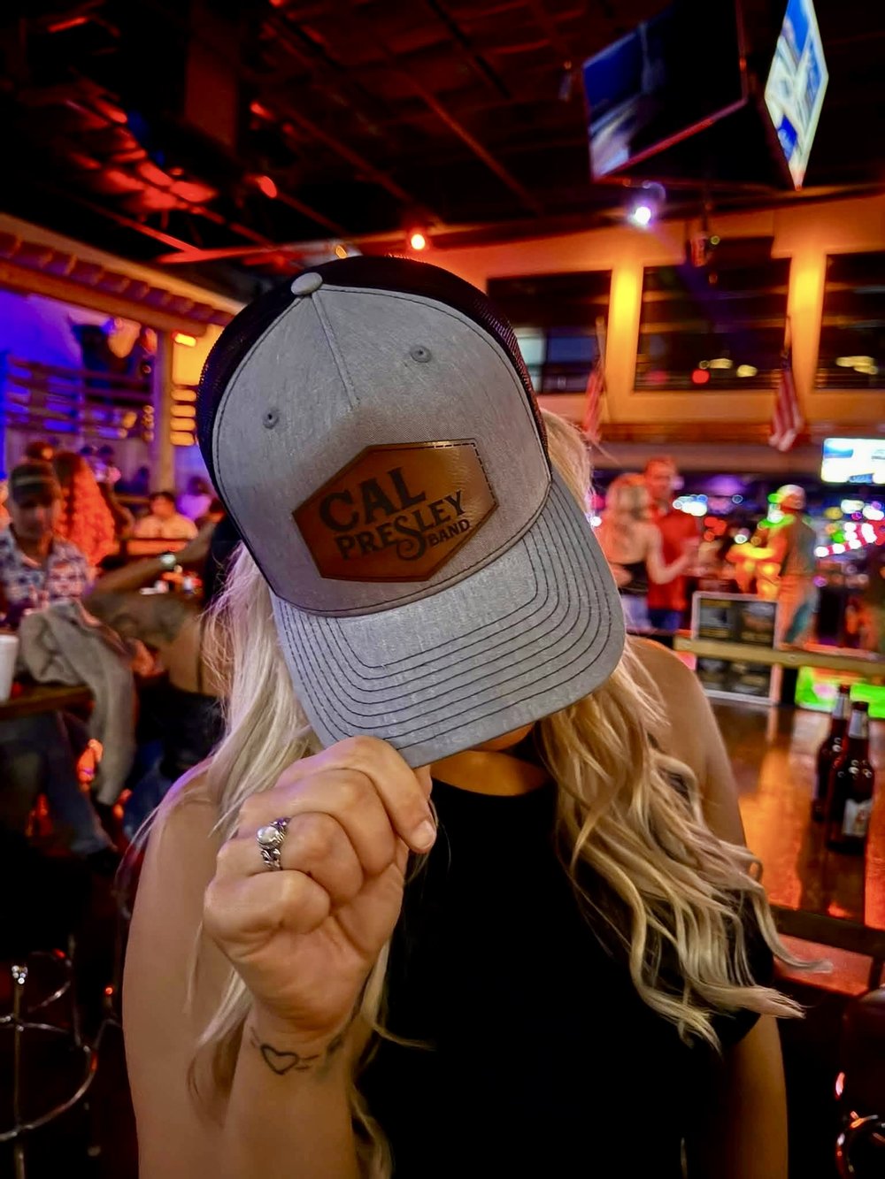 Cal Presley Band trucker hat with leather patch logo