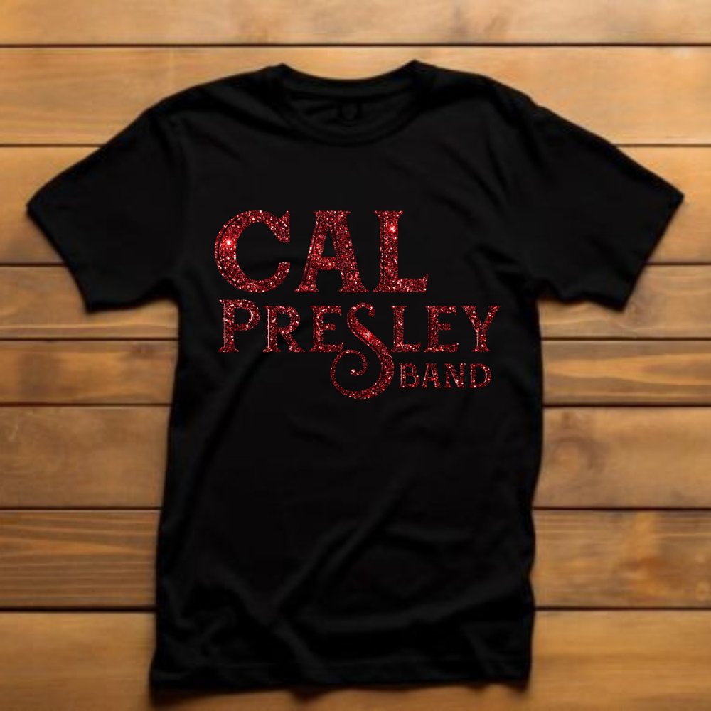 Cal Presley Band black tee with red glitter logo